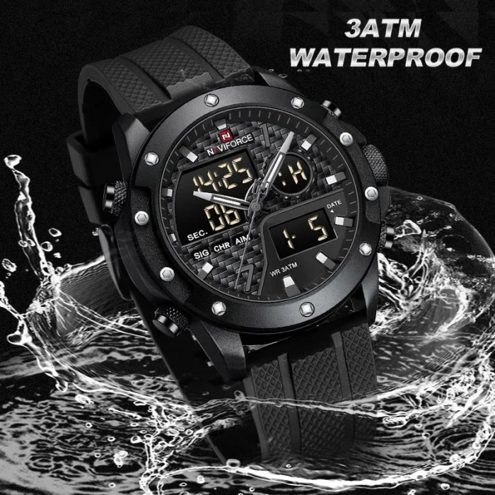 Ceas barbati de mana Naviforce Quartz Dual Time Analog Army Militar Led Silicon Negru [5]