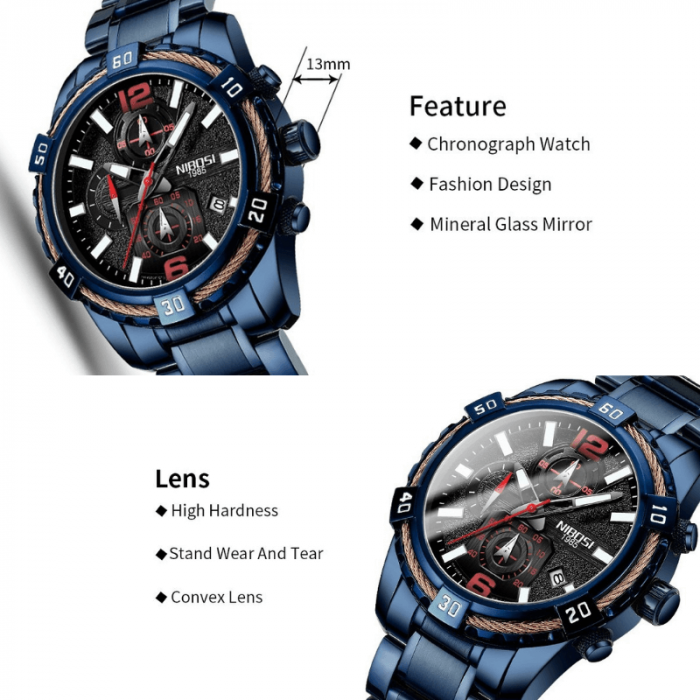 Ceas barbatesc de mana Nibosi Casual Elegant Fashion Quartz Analog AlbastruNegru [7]
