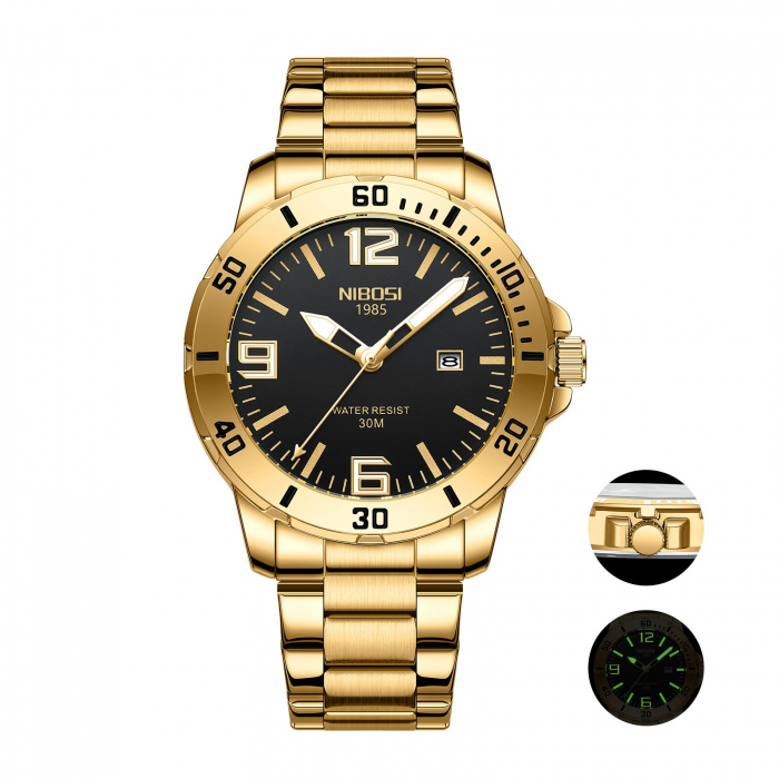 Ceas barbatesc de mana Nibosi Elegant Analog Quartz Casual Fashion Auriu Negru [4]