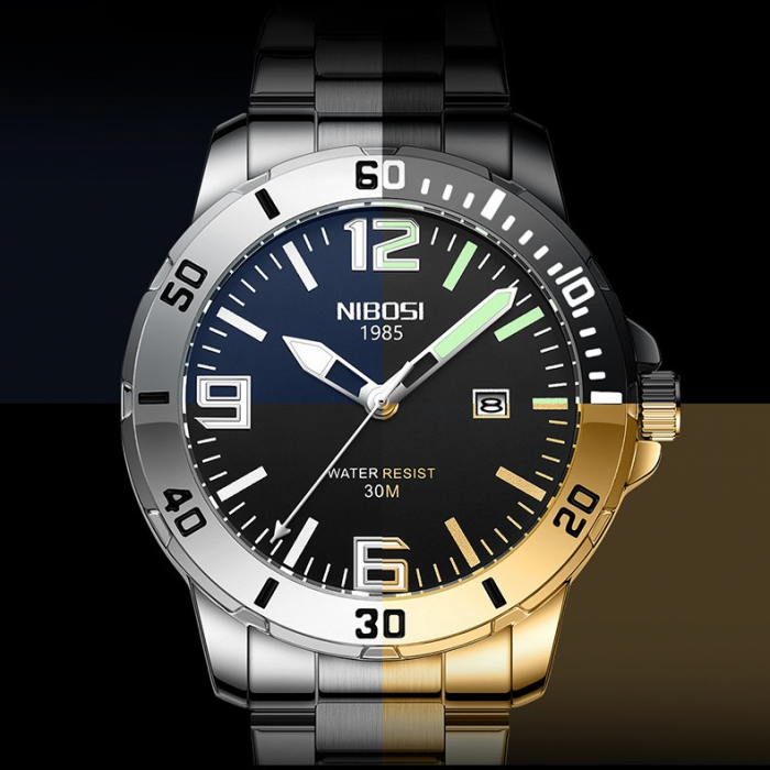 Ceas barbatesc de mana, Nibosi, Elegant, Fashion, Analog, Quartz, Casual, Argintiu Negru [4]