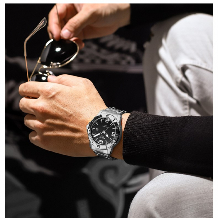 Ceas barbatesc de mana, Nibosi, Elegant, Fashion, Analog, Quartz, Casual, Argintiu Negru [5]