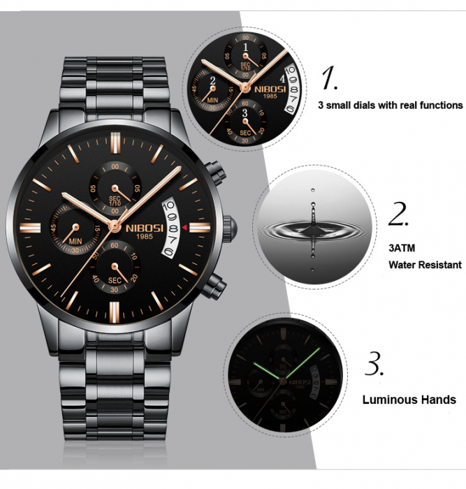 Ceas barbatesc de mana Nibosi Fashion Elegant Quartz Casual Analog Negru Auriu [3]