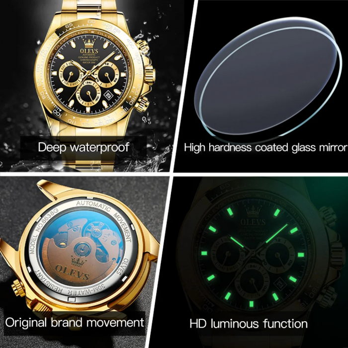 Ceas barbatesc de mana Olevs Mecanic Automatic Luxury Elegant Cronograf Data Analog Auriu/Albastru [5]