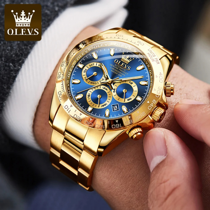 Ceas barbatesc de mana Olevs Mecanic Automatic Luxury Elegant Cronograf Data Analog Auriu/Albastru [2]