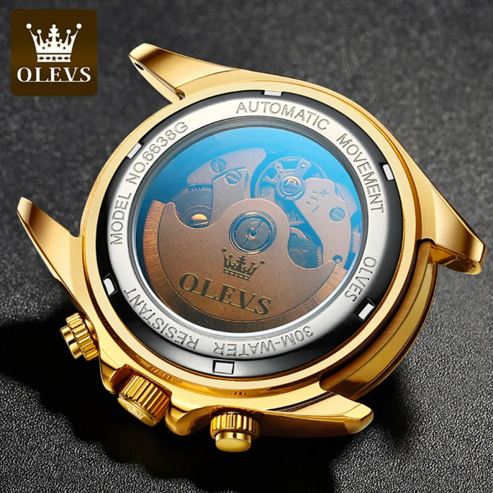 Ceas barbatesc de mana Olevs Mecanic Automatic Luxury Elegant Cronograf Data Analog Auriu/Albastru [4]