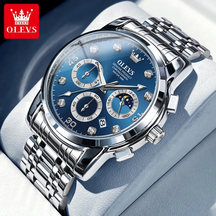 Ceas barbati Olevs Quartz Elegant Casual Analog Indici Luminosi Data Argintiu Albastru [2]