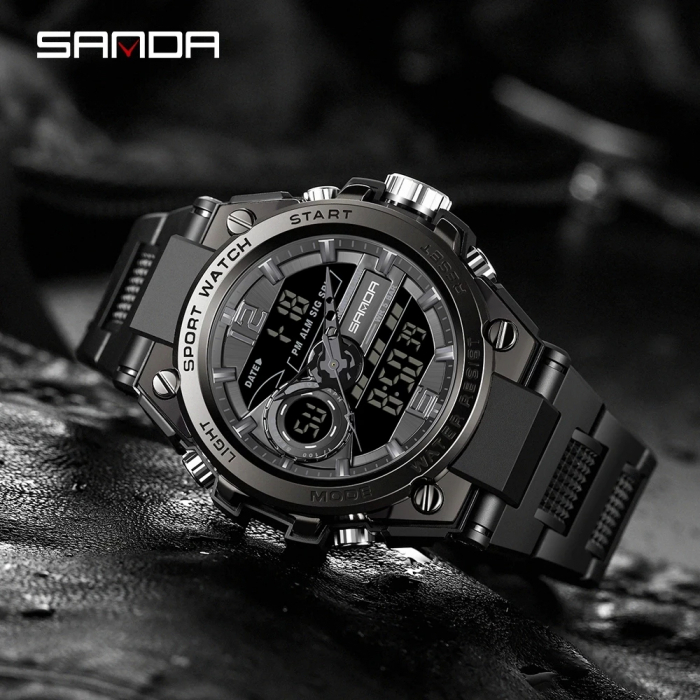 Ceas barbatesc de mana Sanda Stil Fashion Cronograf Digital Alarma Negru [3]