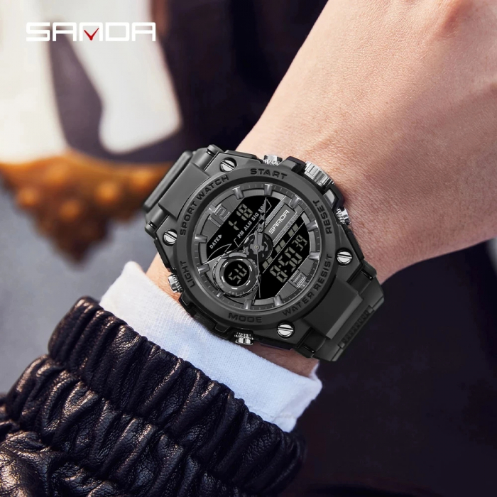 Ceas barbatesc de mana Sanda Stil Fashion Cronograf Digital Alarma Negru [4]