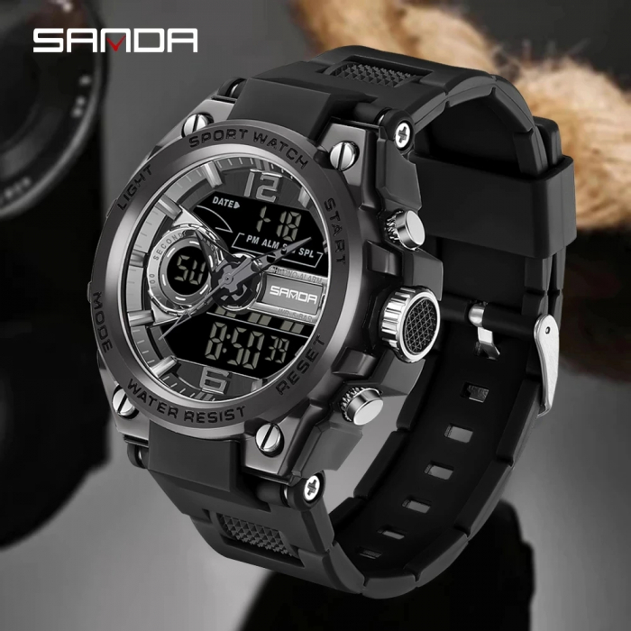 Ceas barbatesc de mana Sanda Stil Fashion Cronograf Digital Alarma Negru [2]