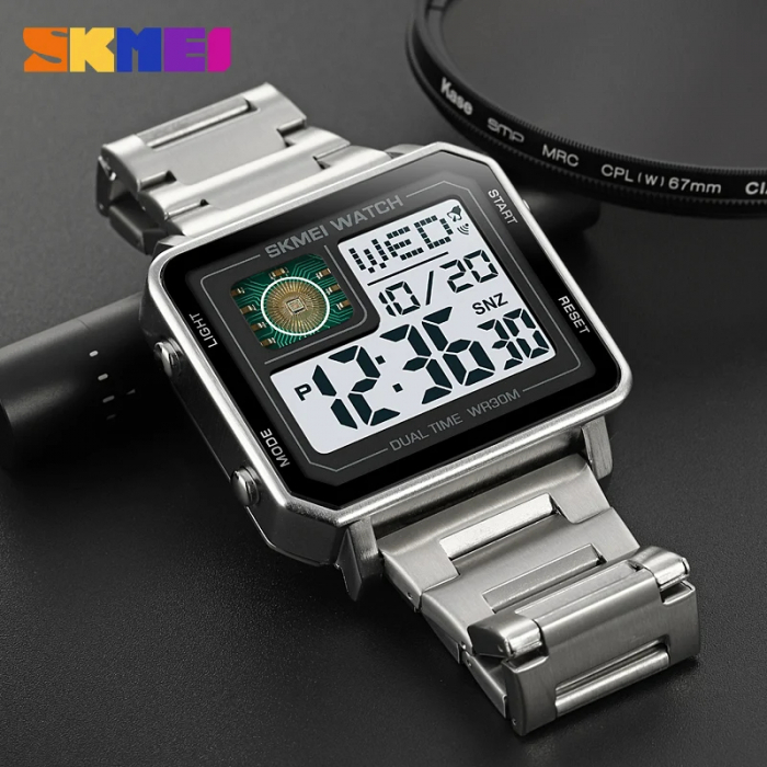 Ceas barbatesc de mana Skmei Led Digital Patrat Fundal luminos Casual Argintiu [3]