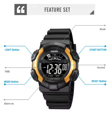 Ceas barbatesc de mana Skmei Sport Casual Fashion Digital Alarma Cronometru Negru Auriu [5]