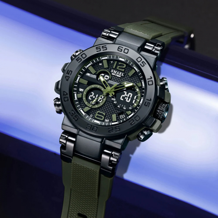Smael Ceas barbatesc de mana Cronograf Stil Army Militar Dual Time Sport Cronometru Alarma Verde [2]