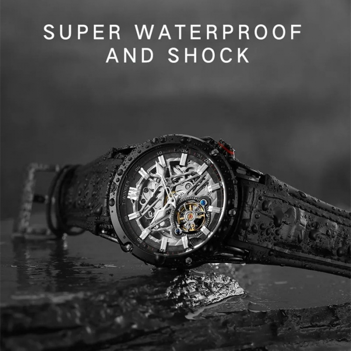 Ceas barbati de mana, T-winner, Clasic, Fashion, Mecanism Mecanic Automatic, Skeleton, Piele, Negru [4]