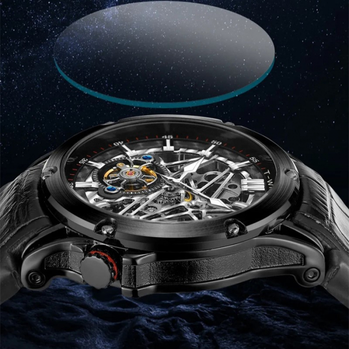 Ceas barbati de mana, T-winner, Clasic, Fashion, Mecanism Mecanic Automatic, Skeleton, Piele, Negru [3]
