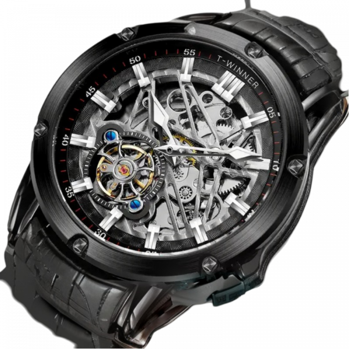 Ceas barbati de mana, T-winner, Clasic, Fashion, Mecanism Mecanic Automatic, Skeleton, Piele, Negru [2]