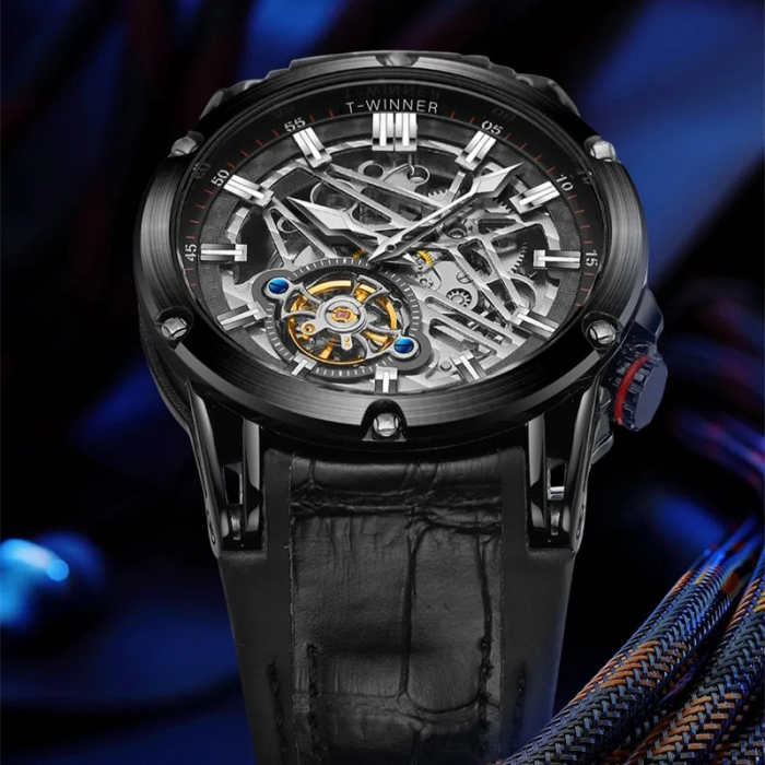 Ceas barbati de mana, T-winner, Clasic, Fashion, Mecanism Mecanic Automatic, Skeleton, Piele, Negru [5]