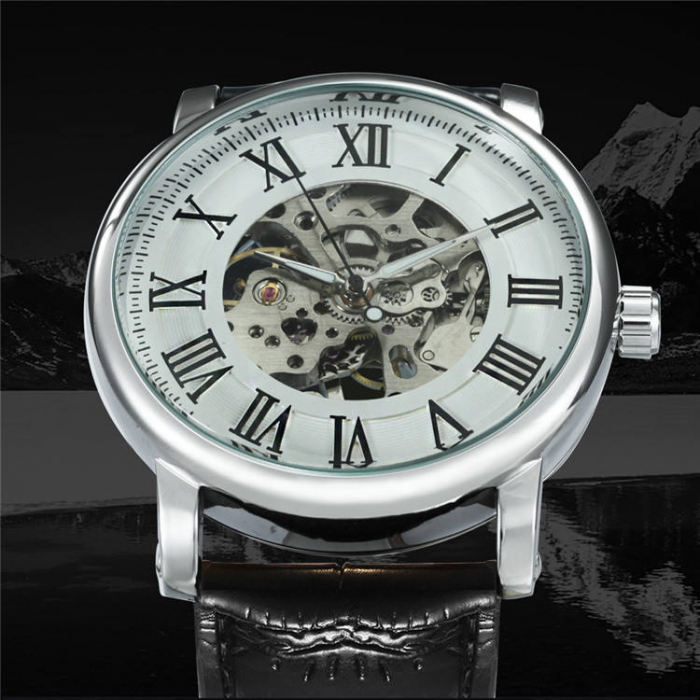 Ceas barbatesc de mana T-Winner Mecanic Automatic Retro Clasic Vintage Fashion Casual Elegant Negru [3]