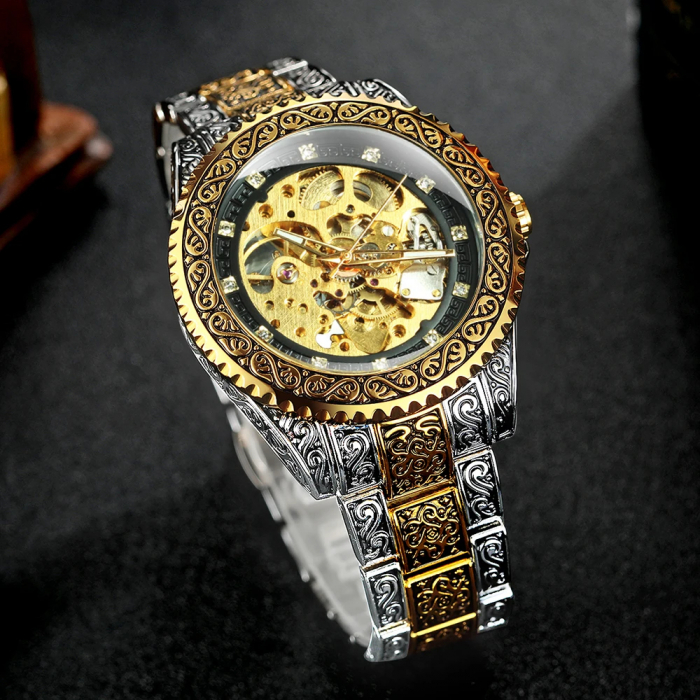 Ceas barbatesc de mana Forsining Mecanic Automatic Skeleton Analog Argintiu Auriu [2]