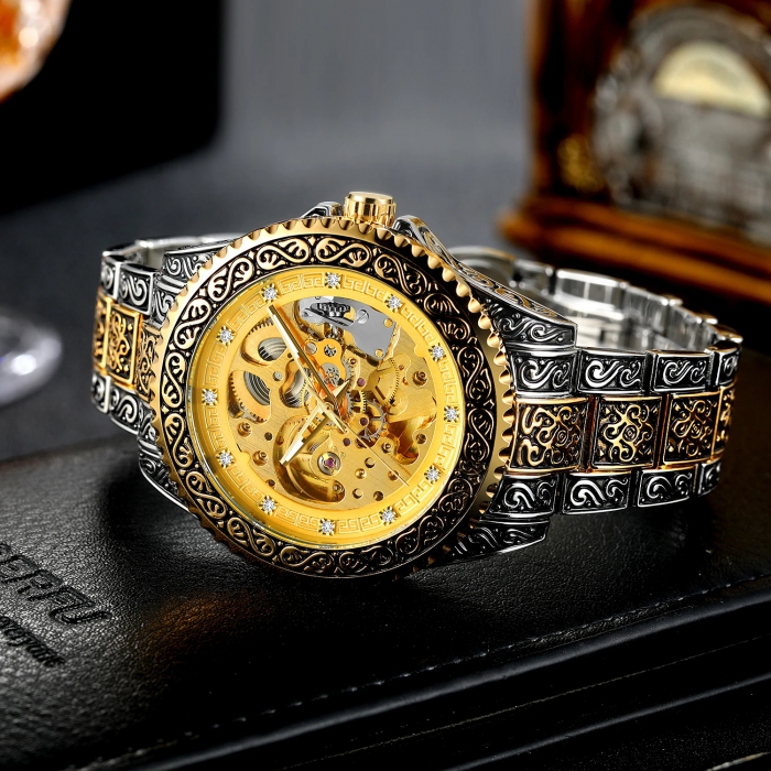 Ceas barbatesc de mana Forsining Mecanic Automatic Skeleton Analog Argintiu Auriu [3]