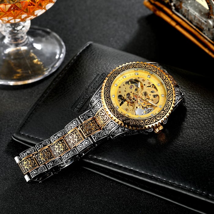 Ceas barbatesc de mana Forsining Mecanic Automatic Skeleton Analog Argintiu Auriu [4]