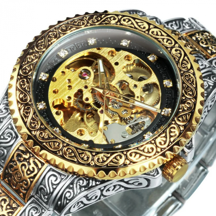 Ceas barbatesc de mana Forsining Mecanic Automatic Skeleton Analog Argintiu Auriu [5]