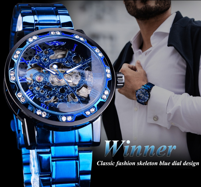 Ceas barbatesc de mana T-Winner Mecanic Automatic Skeleton Elegant Business Luxury Fashion Casual Albastru [9]