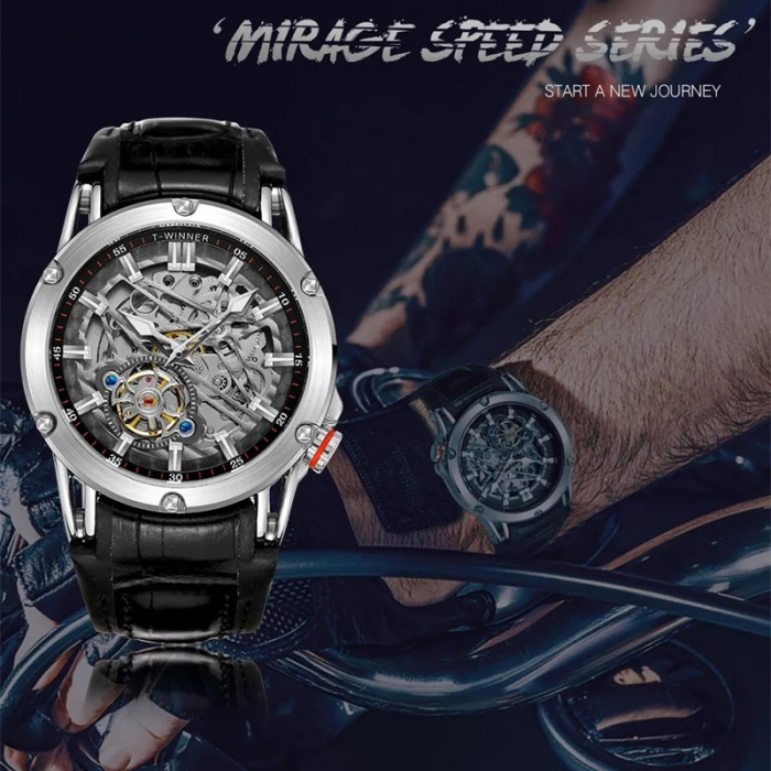 Ceas barbatesc de mana, T-winner, Mecanism Mecanic Automatic, Skeleton, Piele, Negru Argintiu [3]