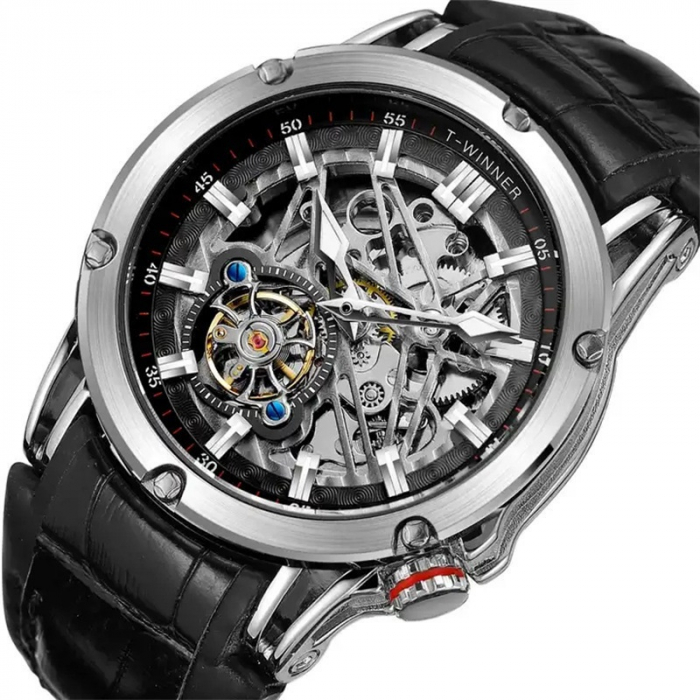 Ceas barbatesc de mana, T-winner, Mecanism Mecanic Automatic, Skeleton, Piele, Negru Argintiu [2]