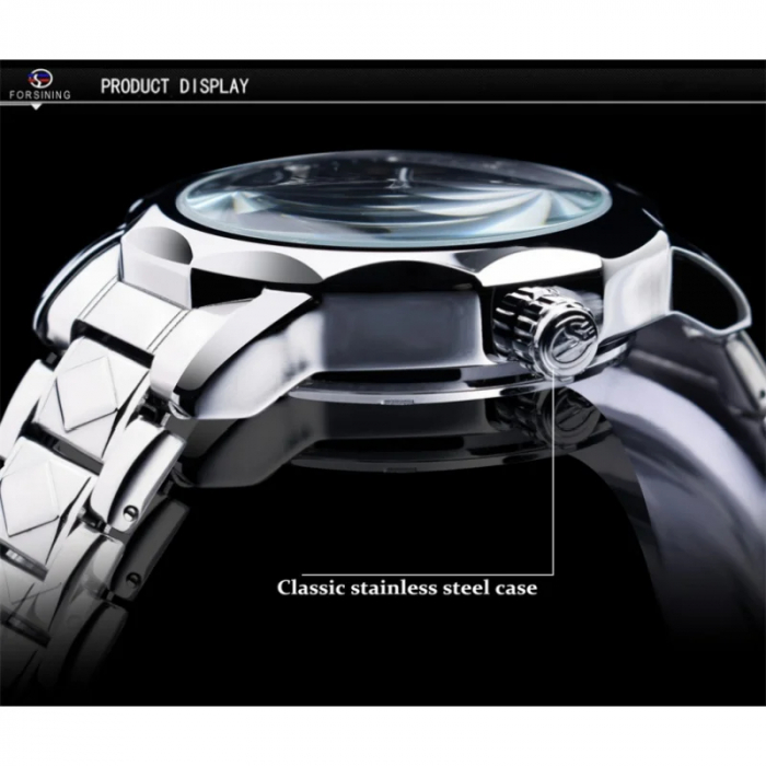Ceas barbatesc de mana Forsining Mecanism Mecanic Automatic Skeleton Otel Clasic Argintiu [7]
