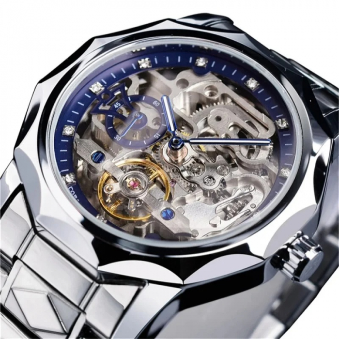 Ceas barbatesc de mana Forsining Mecanism Mecanic Automatic Skeleton Otel Clasic Argintiu [2]
