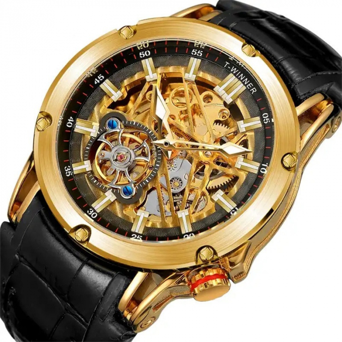 Ceas barbatesc de mana, T-winner, Clasic, Mecanism Mecanic Automatic, Skeleton, Piele, Negru Auriu [2]