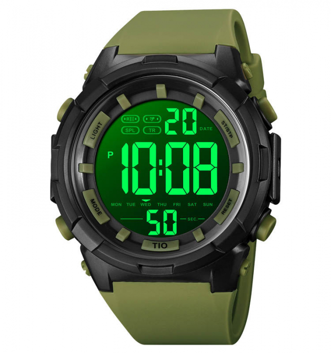 Ceas barbatesc de mana, Tio, Cronograf, Militar, Digital, Army, Sport, Rezistenta la apa 5 ATM, Verde [3]