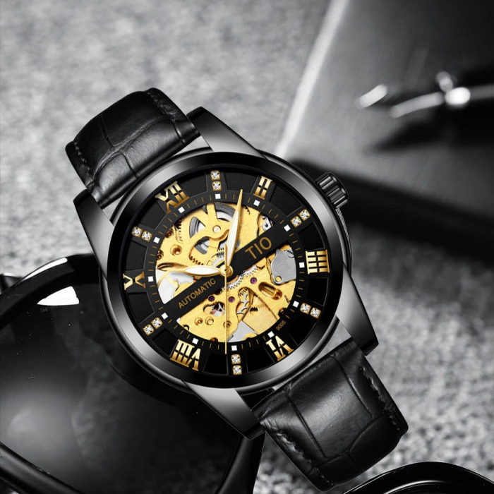 Ceas barbatesc de mana TIO, Mecanic Automatic, Clasic, Indici luminosi, Elegant, Luxury, Analog, Piele naturala, Negru [5]