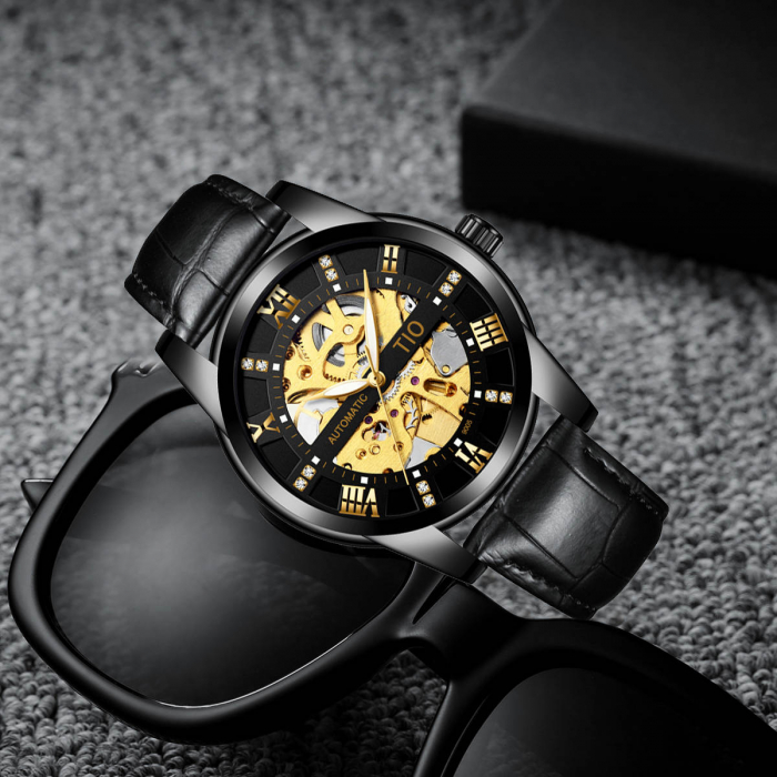 Ceas barbatesc de mana TIO, Mecanic Automatic, Clasic, Indici luminosi, Elegant, Luxury, Analog, Piele naturala, Negru [4]