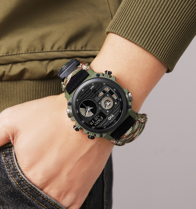 Ceas barbatesc de mana, Tio, Supravietuire, Cremene foc, Busola, Paracord, Fluier, Lama, Army, Militar [4]