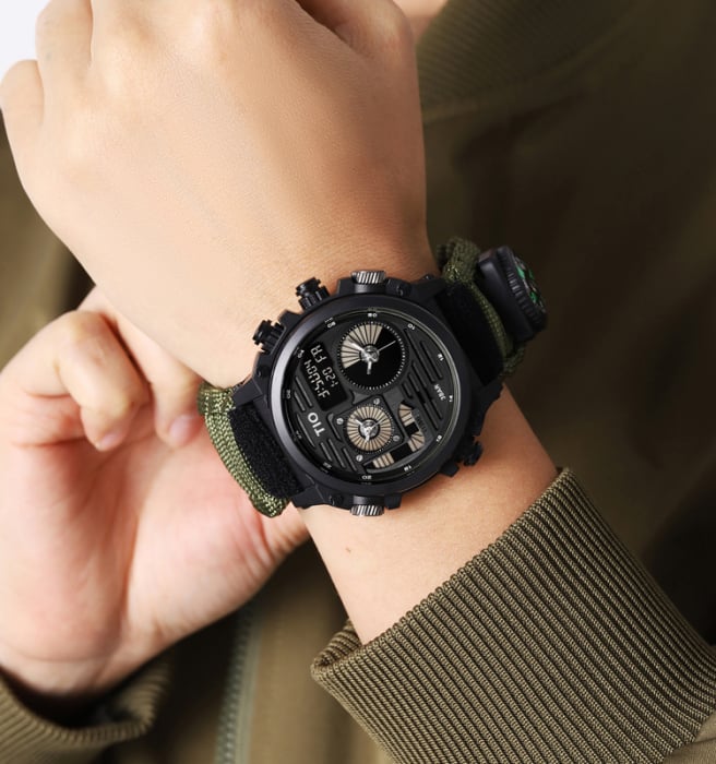 Ceas barbatesc de mana, Tio, Supravietuire, Cremene foc, Busola, Paracord, Fluier, Lama, Army, Militar [3]