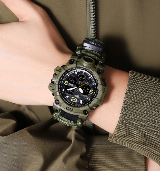 Ceas barbatesc de mana, Tio, Supravietuire, Cremene foc, Busola, Paracord, Fluier, Lama, Cronograf, Army, Militar, Sport, Digital [3]