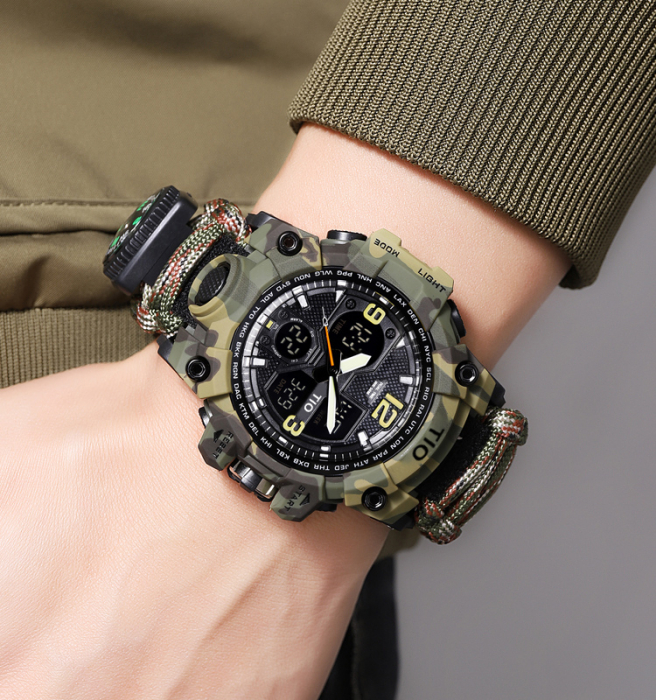 Ceas barbatesc de mana, Tio, Supravietuire, Cremene foc, Busola, Paracord, Fluier, Lama, Cronograf, Army, Militar, Sport, Digital [4]