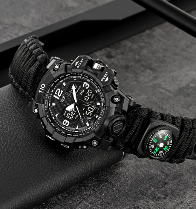 Ceas barbatesc de mana, Tio, Supravietuire, Cremene foc, Busola, Paracord, Fluier, Lama, Cronograf, Army, Militar, Sport, Digital [3]