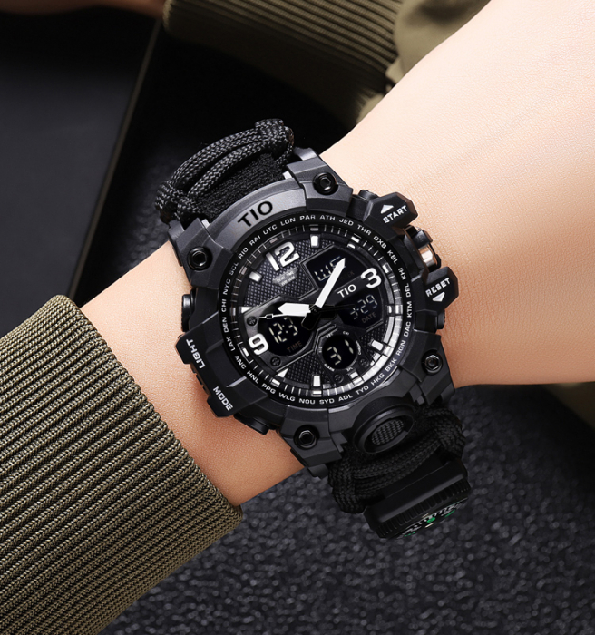 Ceas barbatesc de mana, Tio, Supravietuire, Cremene foc, Busola, Paracord, Fluier, Lama, Cronograf, Army, Militar, Sport, Digital [4]