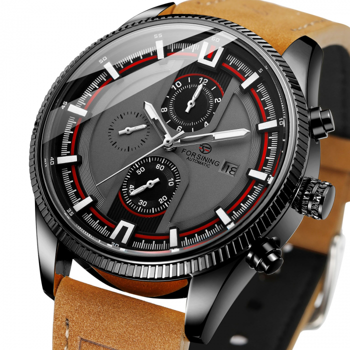 Ceas barbatesc Forsining Mecanic Automatic Maro Piele Afisare data Indici luminosi [5]