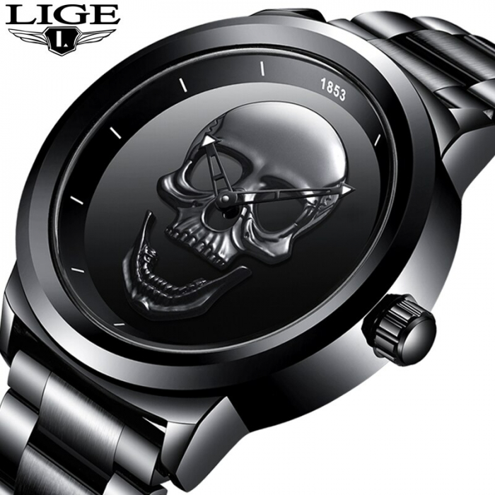 Ceas barbatesc Lige Skull 3D Otel Craniu Quartz [3]