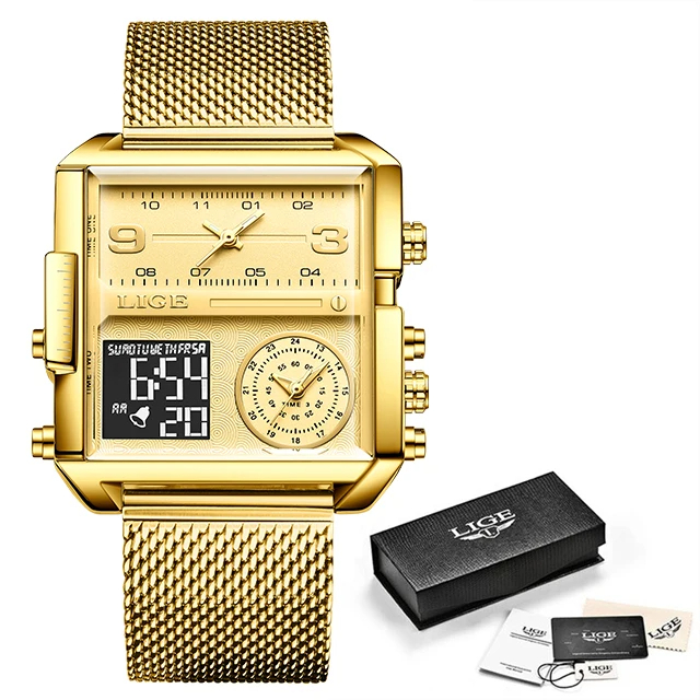 Ceas barbatesc Lige Analog Digital Otel Quartz Auriu Alarma [2]