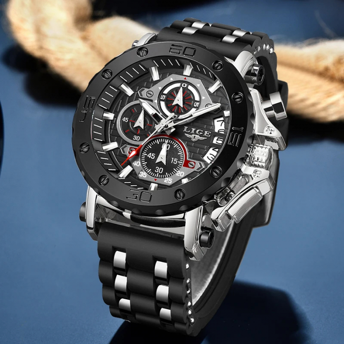 Ceas barbatesc Lige Analog Quartz Silicon Cronometru Negru Argintiu [7]