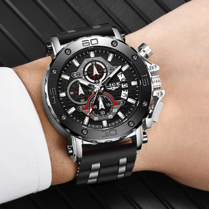 Ceas barbatesc Lige Analog Quartz Silicon Cronometru Negru Argintiu [4]