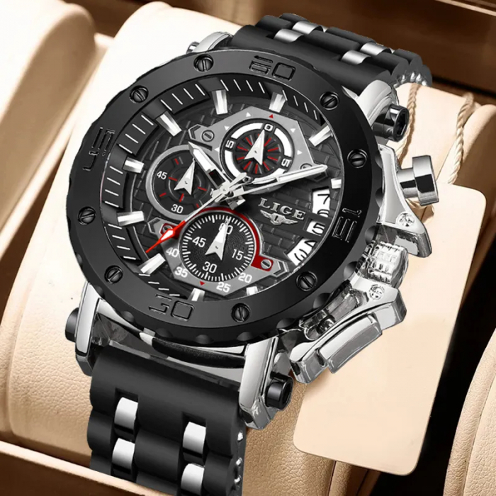 Ceas barbatesc Lige Analog Quartz Silicon Cronometru Negru Argintiu [5]