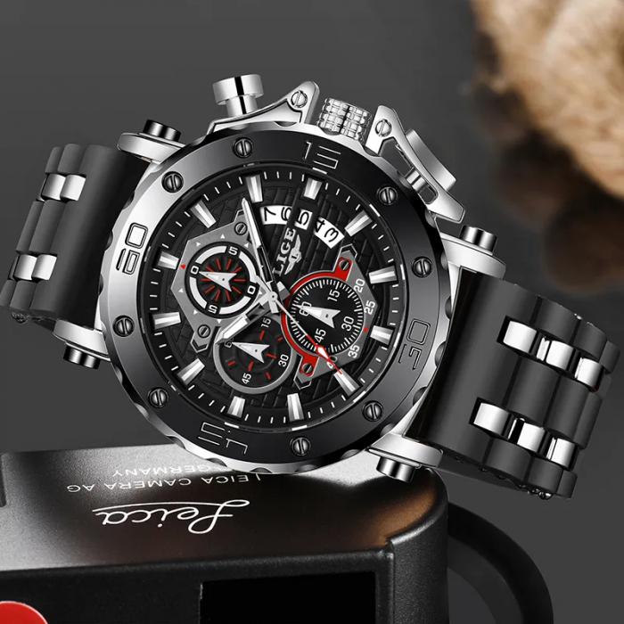 Ceas barbatesc Lige Analog Quartz Silicon Cronometru Negru Argintiu [8]