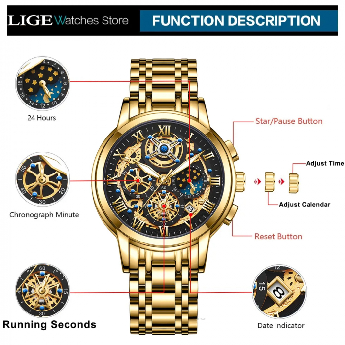 Ceas barbatesc Lige Auriu Afisare data Analog Quartz Cadran Negru [6]