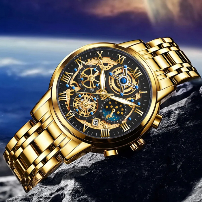 Ceas barbatesc Lige Auriu Afisare data Analog Quartz Cadran Negru [7]