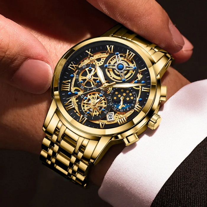 Ceas barbatesc Lige Auriu Afisare data Analog Quartz Cadran Negru [3]